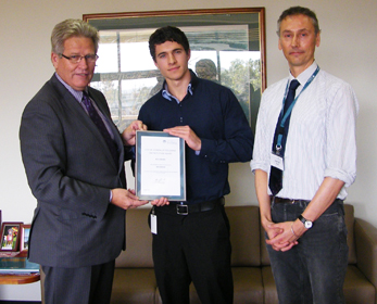 City of Joondalup Chief Executive Officer Garry Hunt, winner Max Bindon and Course Coordinator, Tim Perkins 
