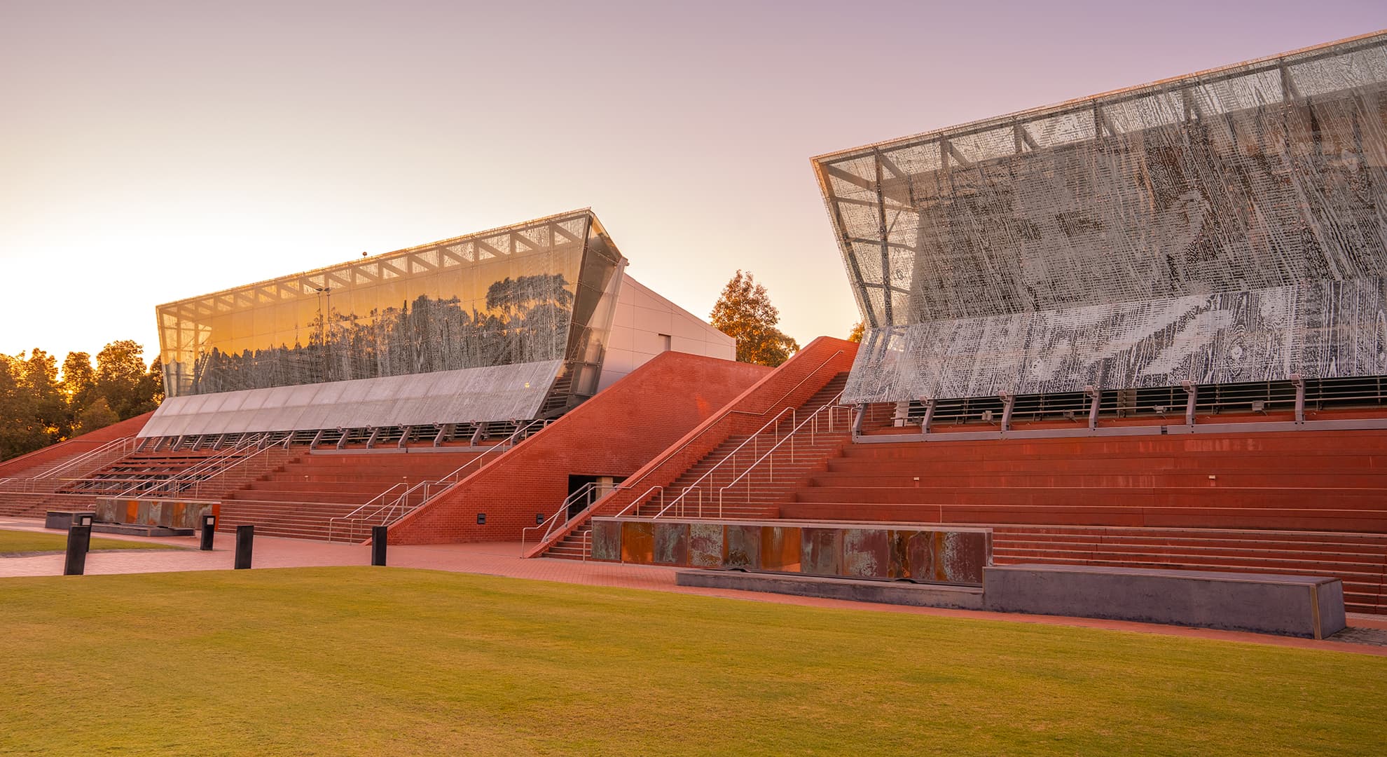 Edith Cowan University's School of Business and Law building at twilight.