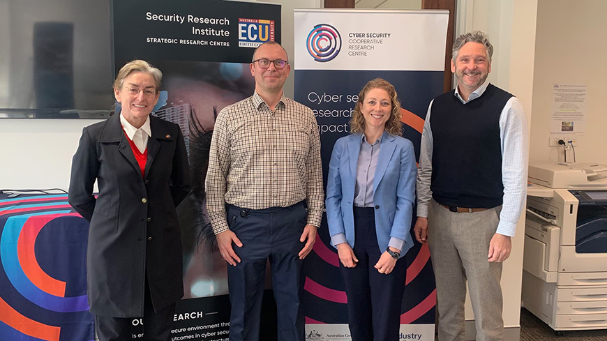 Dr Gabriele Maluga, Professor Helge Janicke, Ms Julia Kaute and Professor Andrew Woodward at the ECU Security Research Institute.