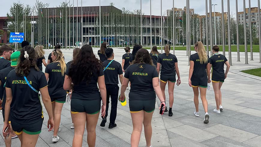 Aussie team walking through Olympic grounds at Chengdu