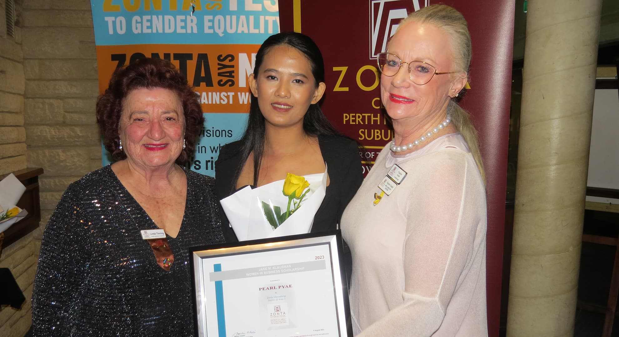 ECU MBA International student Pearl Pyae is presented with the Zonta Area 3 JMK Women in Business Scholarship.
