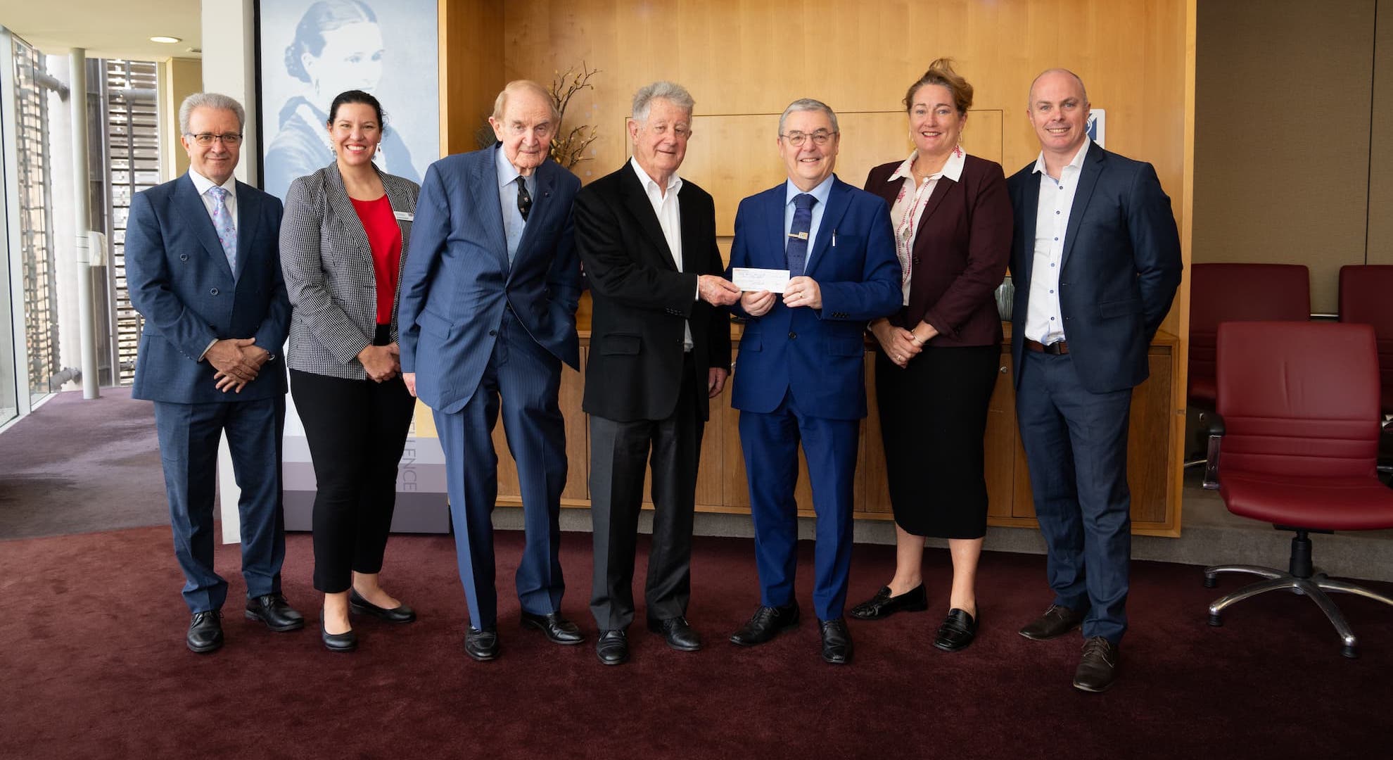 L-R: Executive Dean of School of Engineering, Professor Daryoush Habibi; Director of Development and Alumni Relations, Susan Schofield; Trustee, Ian Warner; Chairperson, Richard Basham; ECU Vice-Chancellor, Professor Steve Chapman; Trustee, Elizabeth Court; Development Executive, Paul Schreuders.