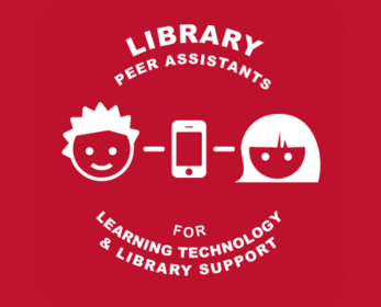 Illustration showing two faces connected by a smartphone icon, representing Library Peer Assistants. Text reads: 