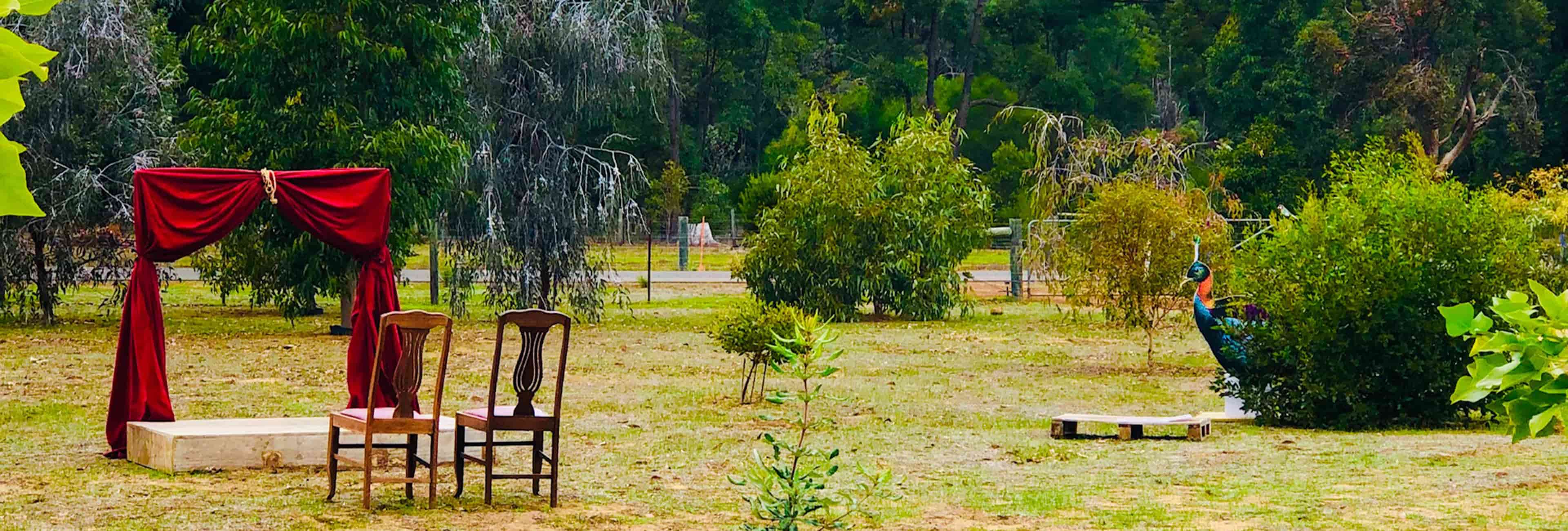 Two chairs placed in front of decorative curtains in a field.