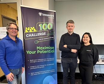 A photo of three people at the Tesserent Academy Cyber Security Team 100 challenge 