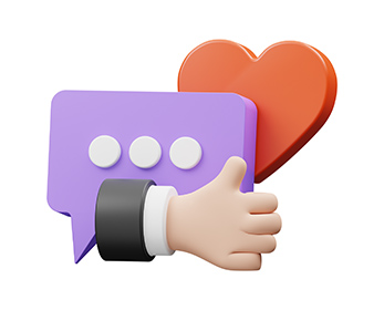 A graphic shows a red heart, a purple speech bubble and a hand giving a thumbs up sign, all indicating positive feedback.