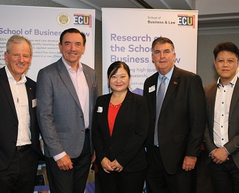 Ross Taylor AM, Hon. Peter Tinley AM MLA (WA Minister of Housing Veterans Issues, Youth and Asian Engagement), Esther Oh, David Morgan and Associate Professor Hadrian Djajadikerta at the ECU Flashlight in May 2019.