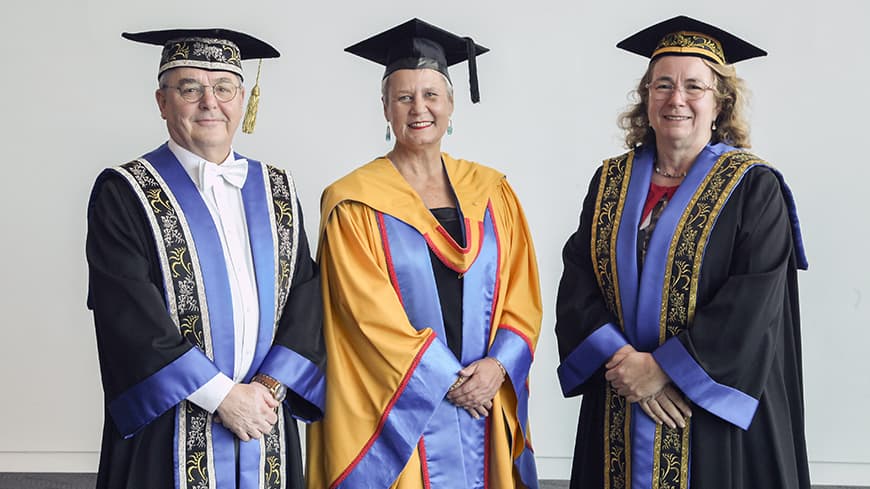 Left to right: ECU Vice-Chancellor Professor Steve Chapman CBE, Dr Tania Chambers OAM and ECU Chancellor Denise Goldsworthy AO.