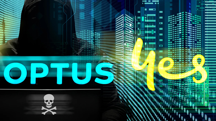 Digital image of hooded man, overlaid with the Optus logo and a skull and crossbones.