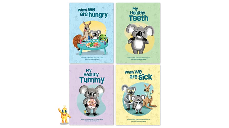 The four illustration covers of the Little Aussie Bugs kids' books.