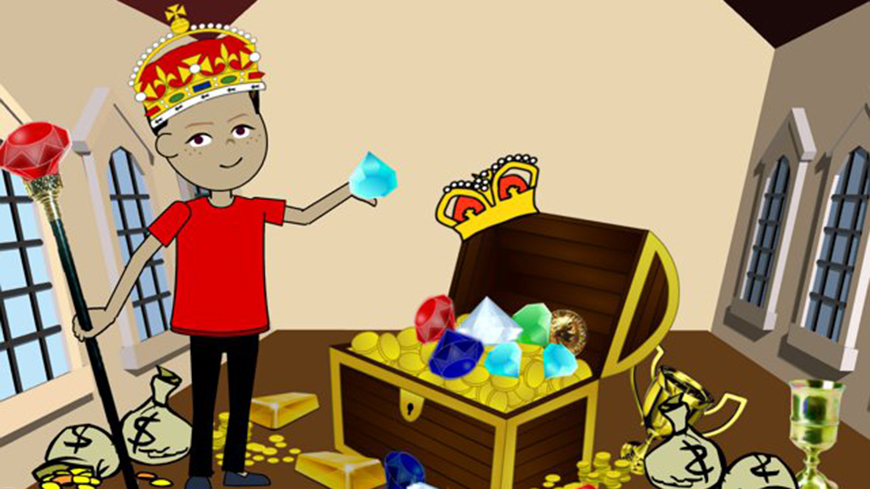 Animated image of a man wearing a crown with money