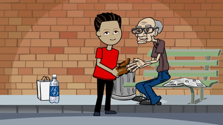 Animated image of a man giving money to a homeless person