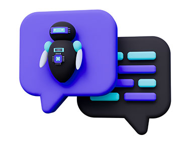 A graphic shows a robot figure in a speech bubble, layered over a text chat screen in a speech bubble.