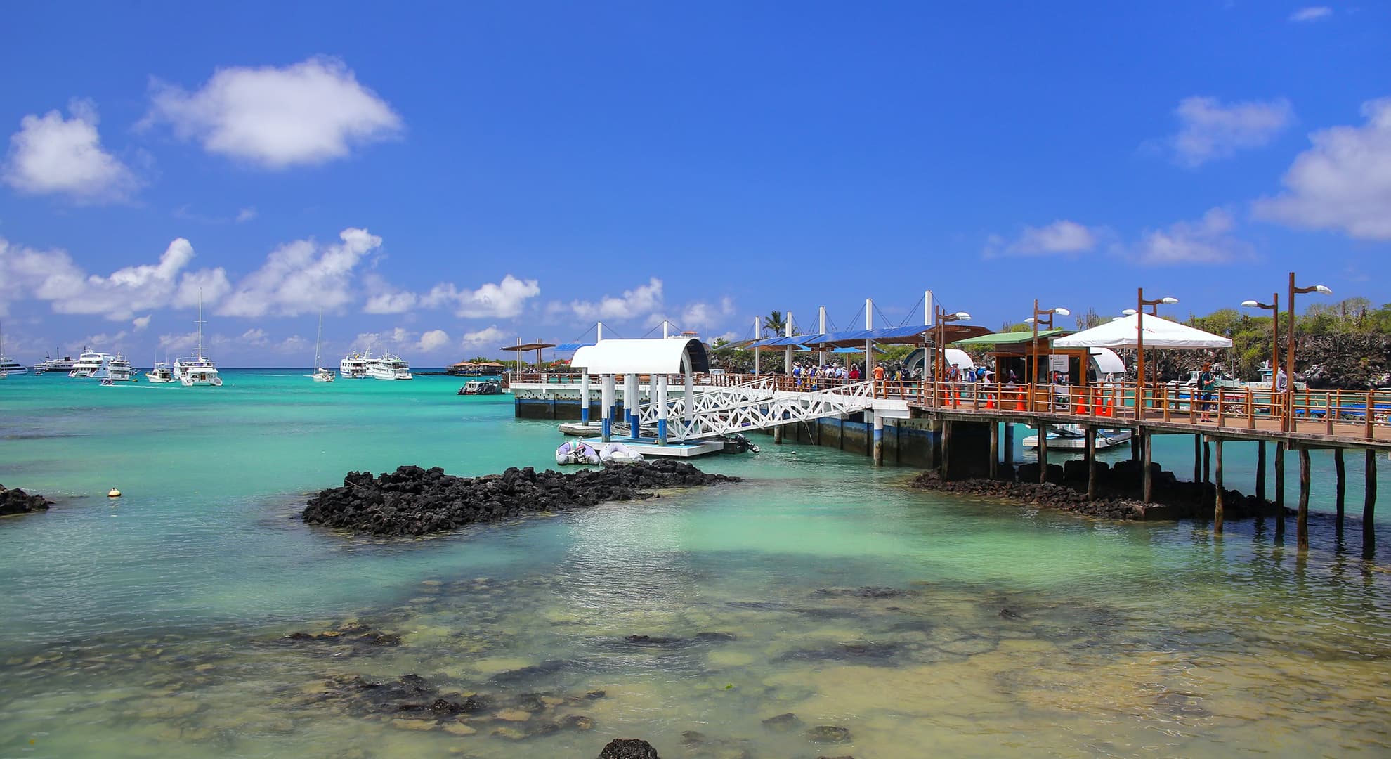 Boats at dock on island