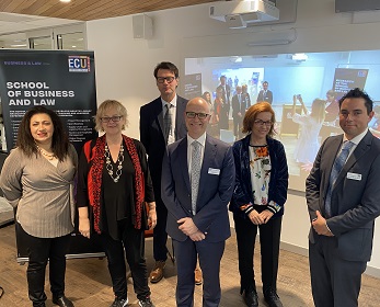 Professor Maryam Omari, Professor Caroline Finch, Professor Tim Bentley, Mr Mike Rowe, Professor Cobie Rudd and Associate Professor Ben Farr-Wharton at the ECU Business Flashlight in July 2020