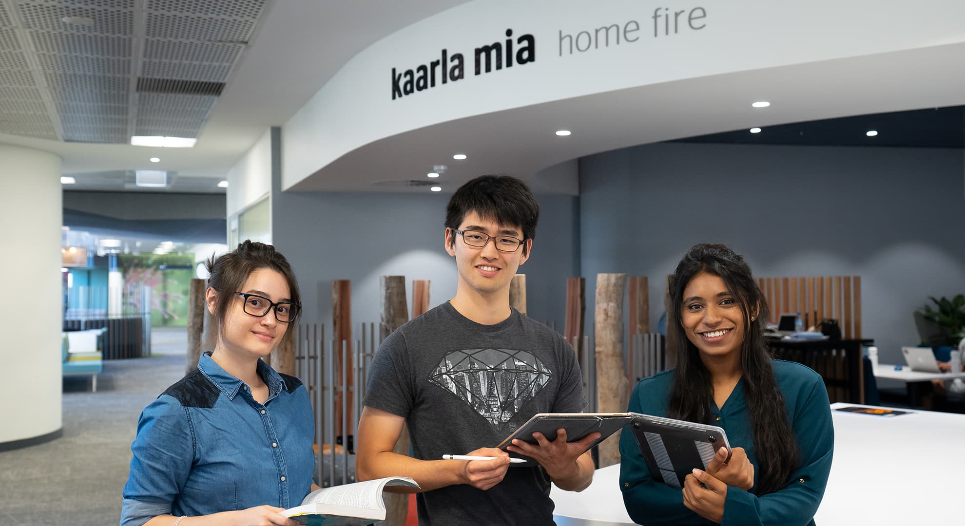  ECU students Constance Green, Tsuyoashi Nagatani and Oshadi Wijetunga at Kaarla Mia. 