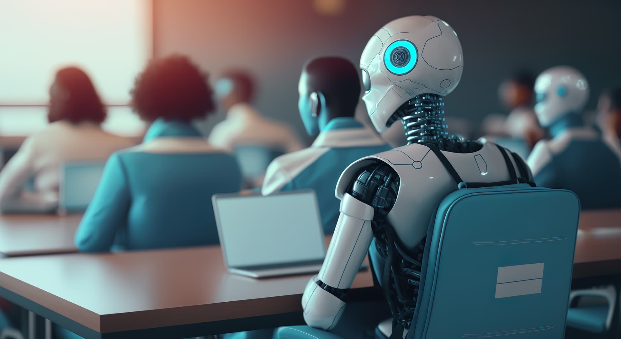 robot sitting at a desk in a classroom