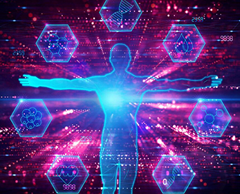 Image of a figure with hexagonal science icons and bright coloured lights surrounding it