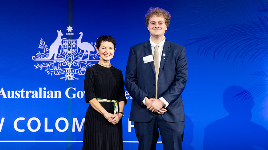 First Assistant Secretary (Development Policy Division) at the Department of Foreign Affairs and Trade, Elizabeth Wilde and Otto Gibbs at the Scholarship Ceremony.