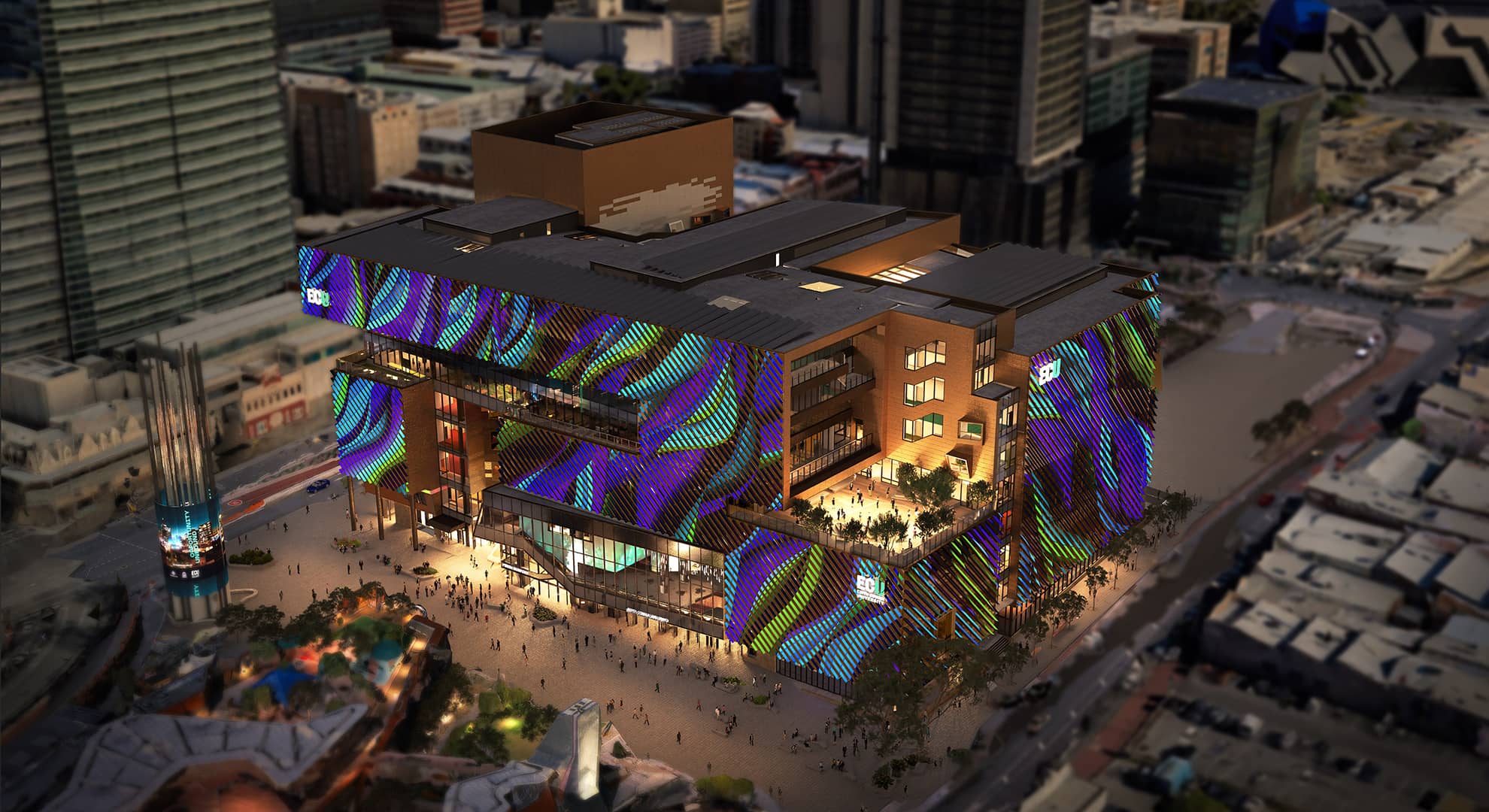 External of campus with screens alight