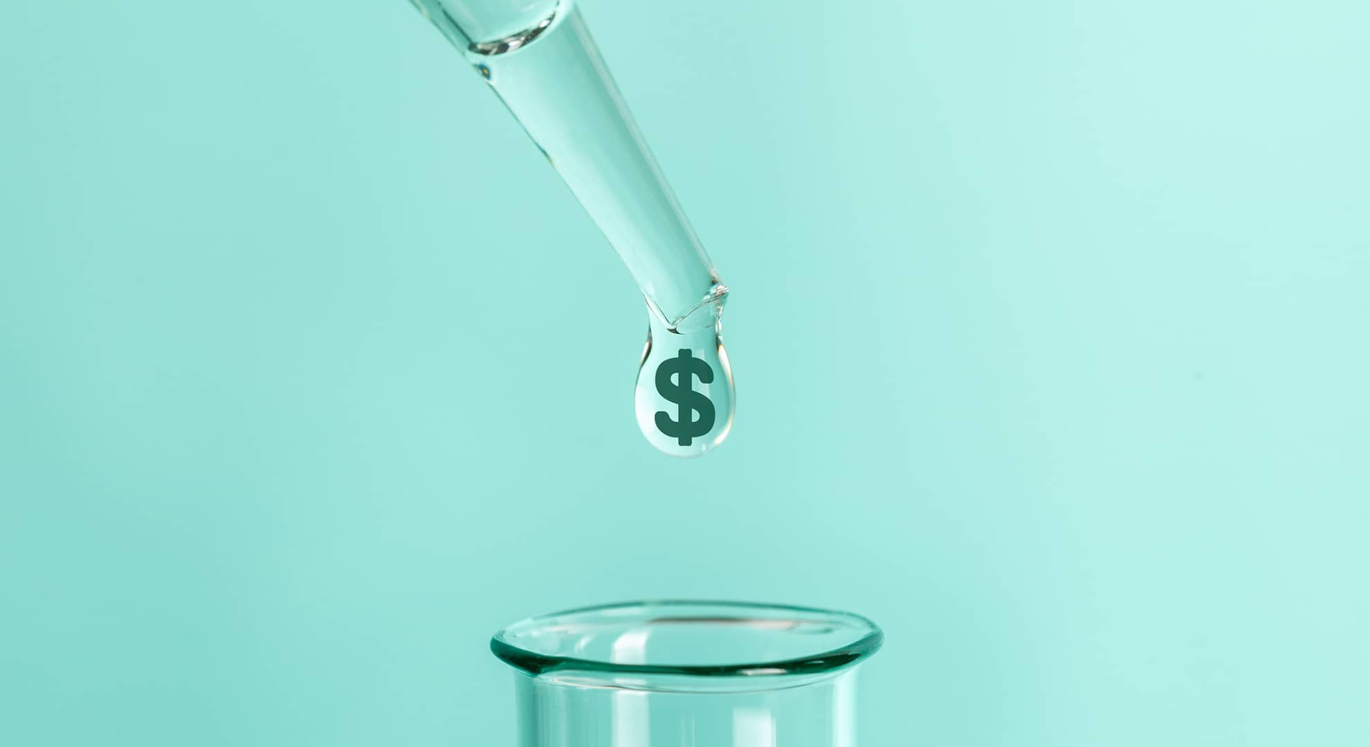 A clear drop with a dollar sign in it, dropping into a glass jar.