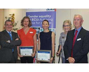 Picture (L-R) Vice-Chancellor, Professor Steve Chapman, Dr Katrina Strampel, Dr Jodie Cochrane Wilkie, Deputy Vice-Chancellor (Strategic Partnerships), Professor Cobie Rudd and UniSuper Employer Partnership Manager, Mr Sean Higgins – 22 November 2017.