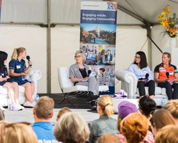 Professor Cobie Rudd and ECU’s IWD panel members discussing how far Australia has come in pushing progress for gender equality, 8 March 2018. 