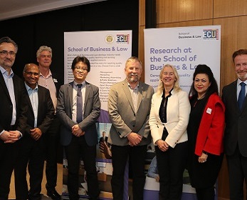 Professor Arshad Omari, Professor Joseph Matthew, Professor Brett Kirk, Associate Professor Hadrian Djajadikerta, Guest Speaker Mr David Daines, Insight Speaker Professor Kerry Brown, Professor Maryam Omari and Keynote speaker Professor Javier Tafur at the ECU Business Flashlight held 20 August 2018.