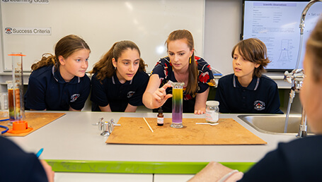 High school students and teacher in front of large periodic table