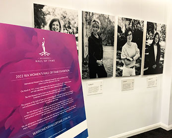 Display of a title board and 3 photos of women inducted into the WA Women's Hall fo Fame