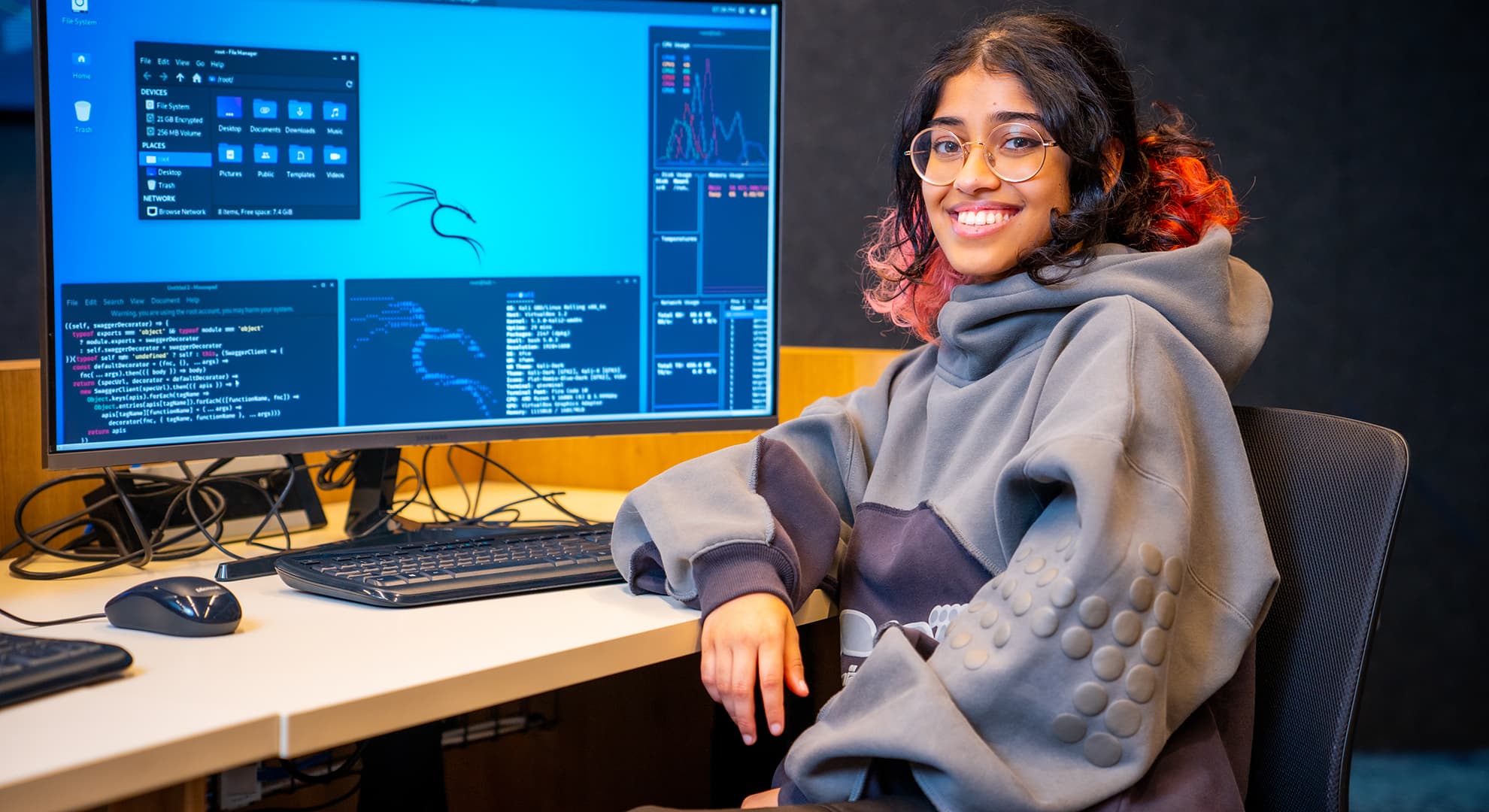 Student sitting at desk in computer lab.