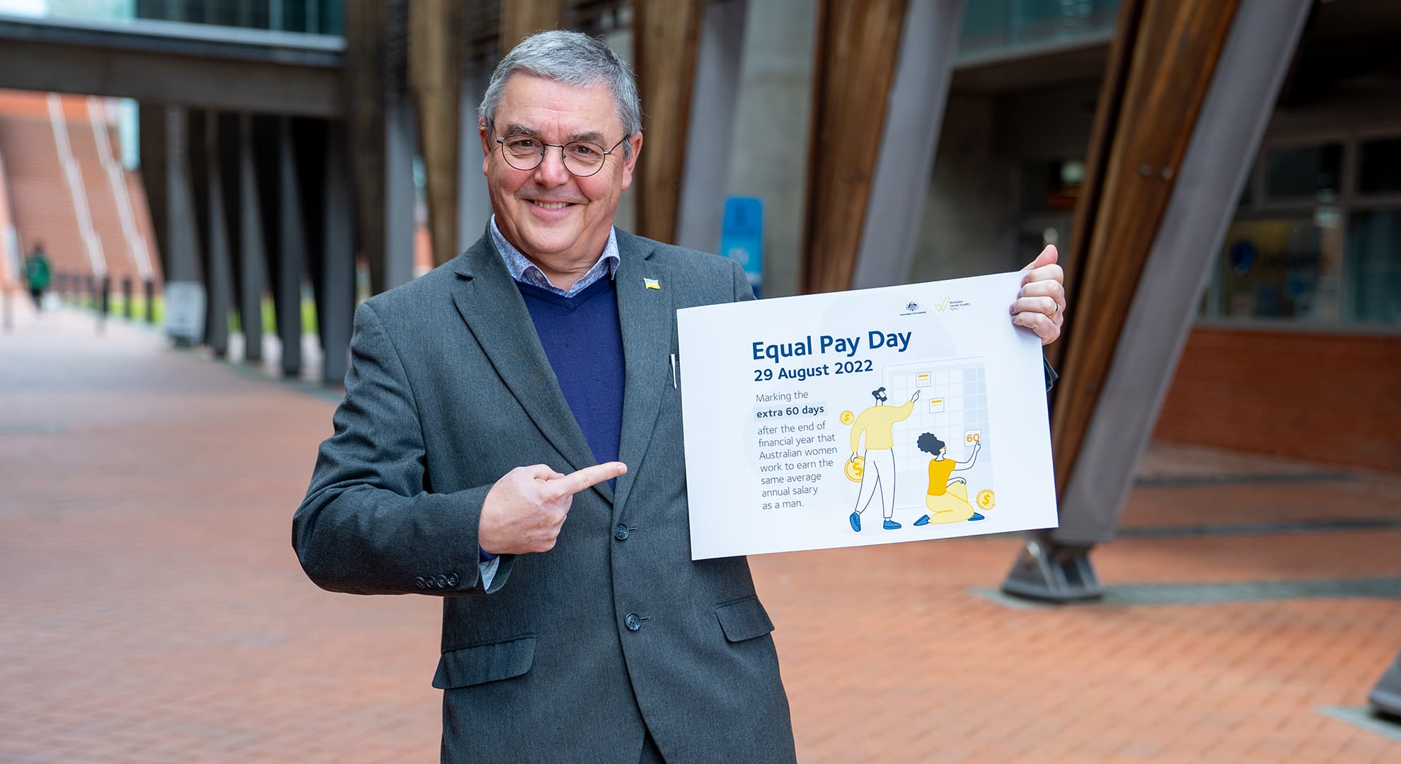 ECU Vice-Chancellor Professor Steve Chapman CBE holding and pointing to Workplace Gender Equality Agency Equal Pay Day sign