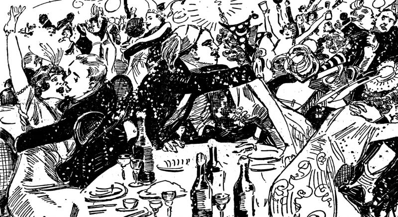 Old black and white drawing of a New Year's Eve party.