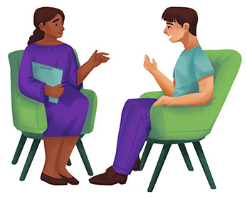 A graphic depicts two people sitting on comfortable chairs in a one-to-one therapy setting.