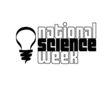 The official stacked National Science Week logo shows black and white lettering next to a lightbulb.