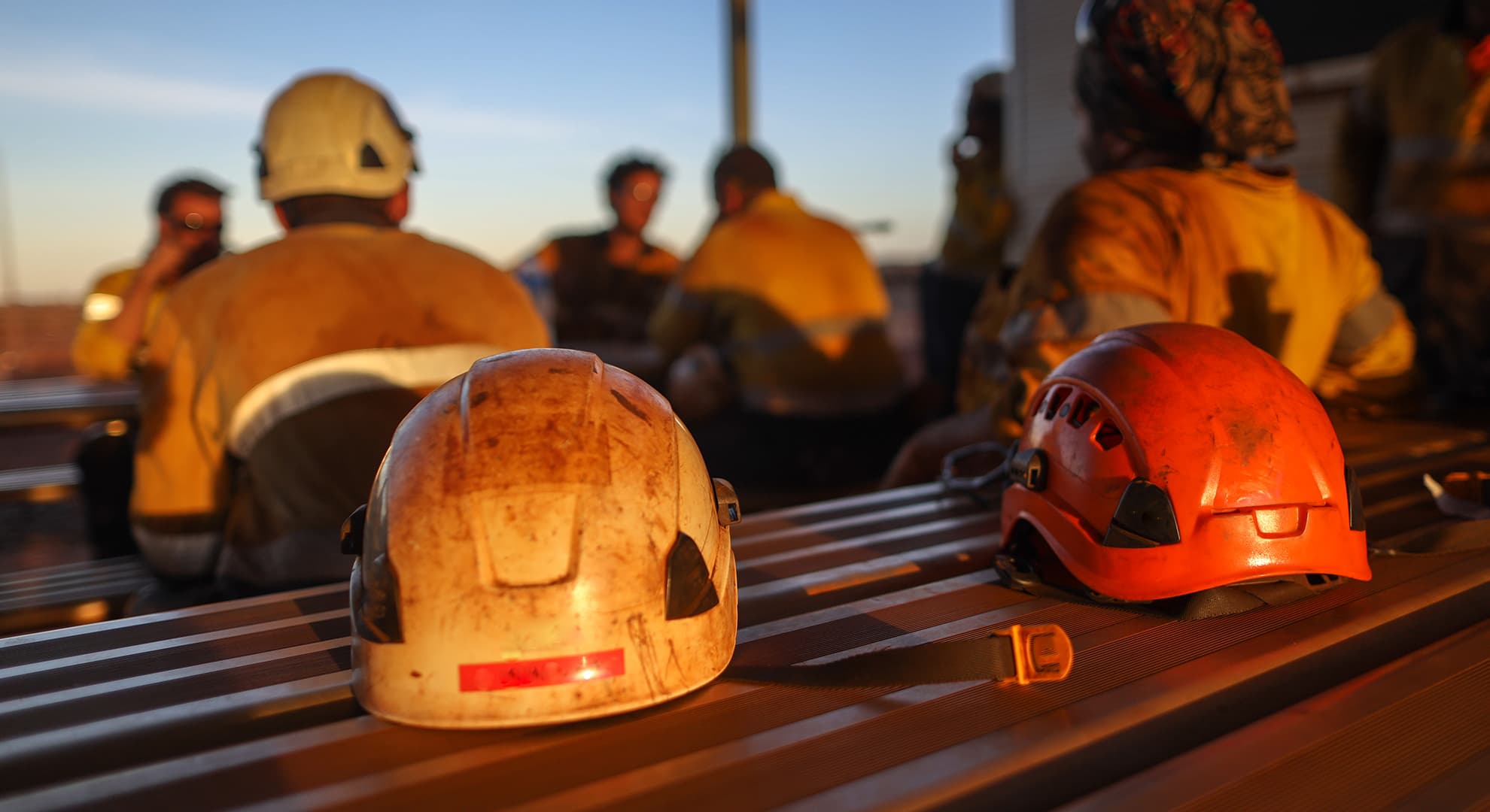 Mine workers and hard hats