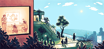 An illustration of a busy apartment with a patio that looks out across a cityscape. In one window we see an adult, and two kids dancing along with a video of a dancing cat with musical notes.