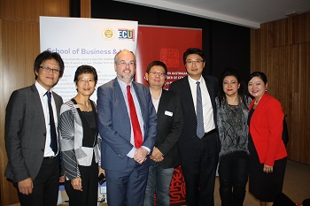 Associate Hadrian Djajadakierta, Ms Bonnie Shek, Keynote Speaker Hon. Bill Johnston MLA, Mr Danny Ng, Mr Tony Chong. Professor Mariam Omari and Ms Esther Oh at the ECU Business Flashlight held 4 May 2018.     