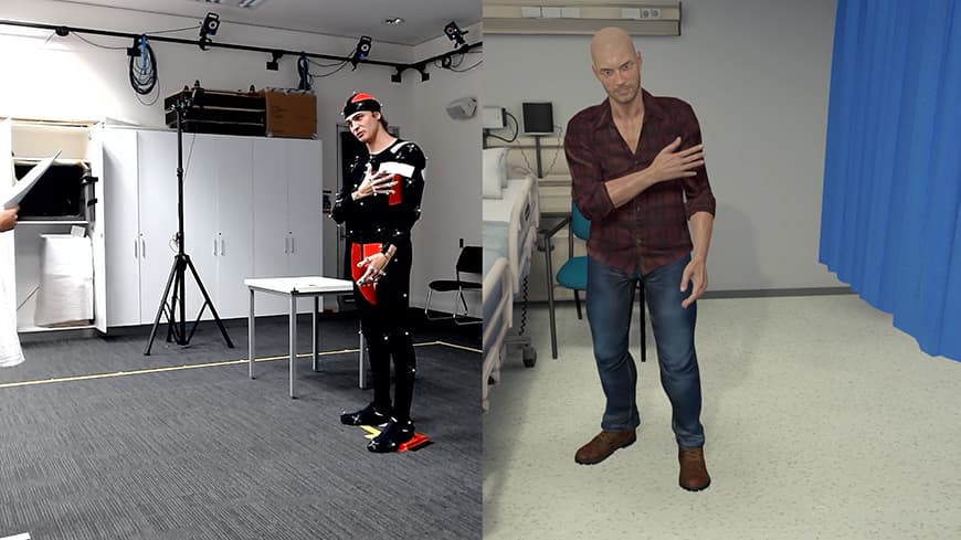 Side by side image of actor in motion capture, and the end result in the IVADE program.