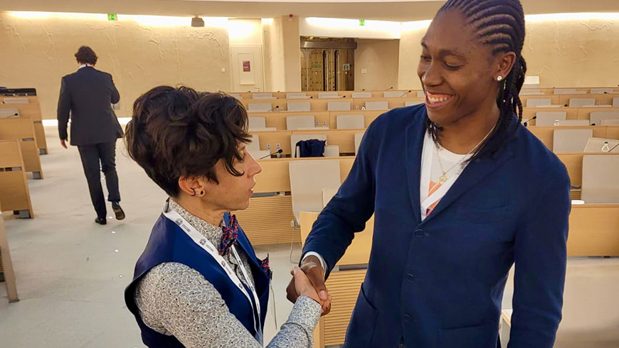 Professor Sophia Nimphius and Caster Semenya shake hands inside the Sporting Chance Forum venue.