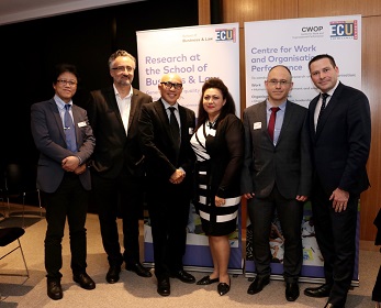 Associate Professor Hadrian Djajadikerta, Professor Arshad Omari, Insight Speaker Professor Stephen Teo, Professor Maryam Omari, Keynote Speaker: Professor Nikos Bozionelos  and Guest Speaker Mr Jan Norberger at the ECU Business Flashlight held 19 July 2018.