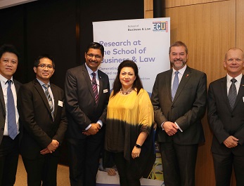 Associate Professor Hadrian Djajadikerta, Mr Edi Irwan Mahmud, Consul General of Malaysia, Mr Krishna Prasad, Professor Maryam Omari, Chief Guest Hon. Michael Mischin MLC and Keynote speaker Mr Andrew Dowse.