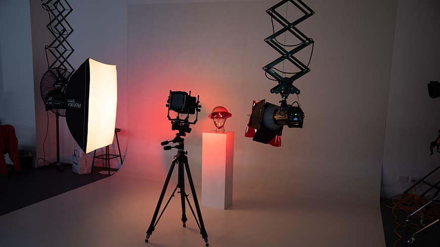 Photography studio with camera and lighting