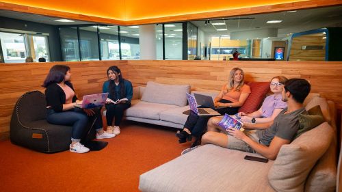 ECU students Helia Moayedi, Oshadi Wijetunga, Lisa Wallman, Annaliese Poole and BJ Rens working in ‘The Collective’ in the new-look ECU Library.