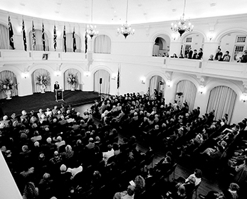 An audience listen attentively as Janet Holmes à Court presents 'Changes' at the Government House Ballroom in Western Australia in 1993, forming part of the Herbert Cole Coombs Lecture Series.