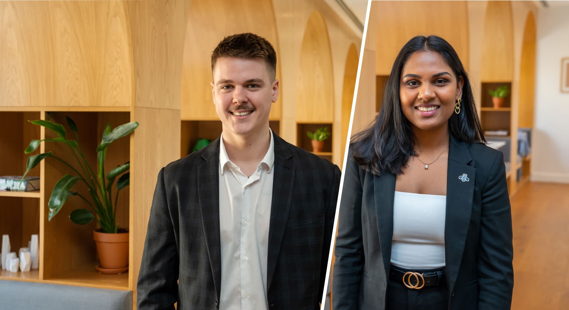 Male and female university students in an office