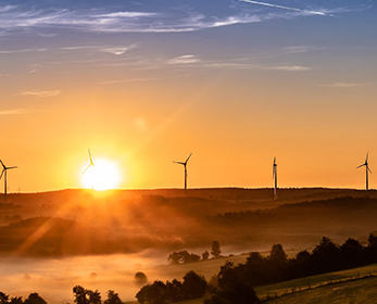 A windfarm at sunrise.