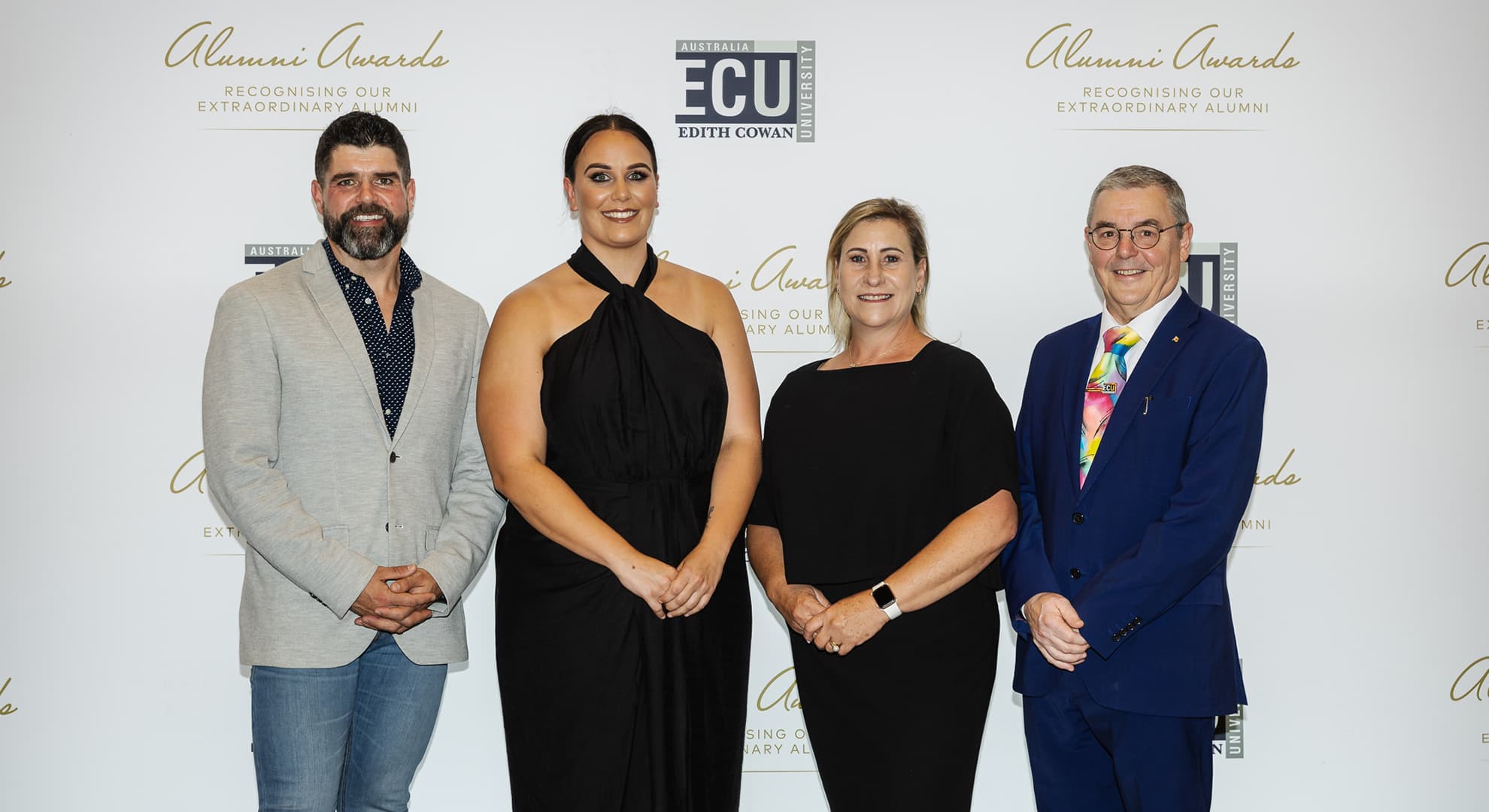 Alumni Award Winners Dr Nick Winkelman, Mikayla King and Janine Wood with Vice-Chancellor Professor Steve Chapman