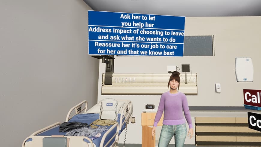 Computer generated image of woman in hospital room, with wording above her head.