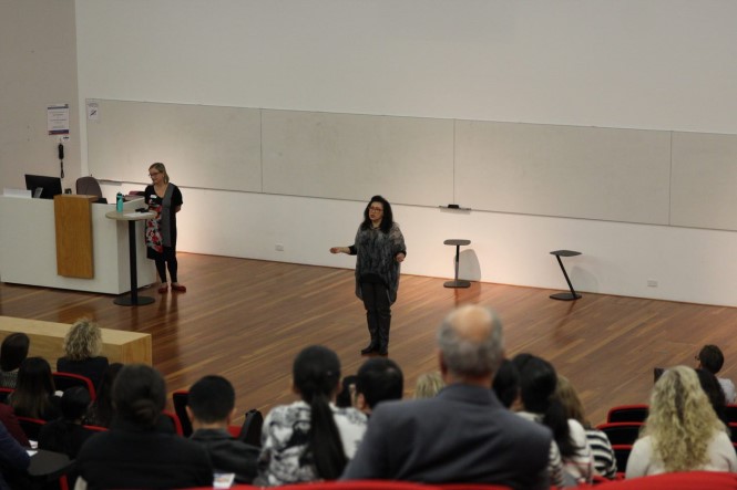 Maryam omari and judy Lundy giving speeches